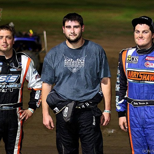 The top three main event finishers on Thursday, March 9 (from left to right): third-place Rodney Sanders, runner-up Ryan Gustin and main event winner Ricky Thornton Jr. at the 5th Annual Production Jars Sooner Showdown at the Southern Oklahoma Speedway in Ardmore, Okla., part of Summit Racing USMTS Winter Speedweeks.